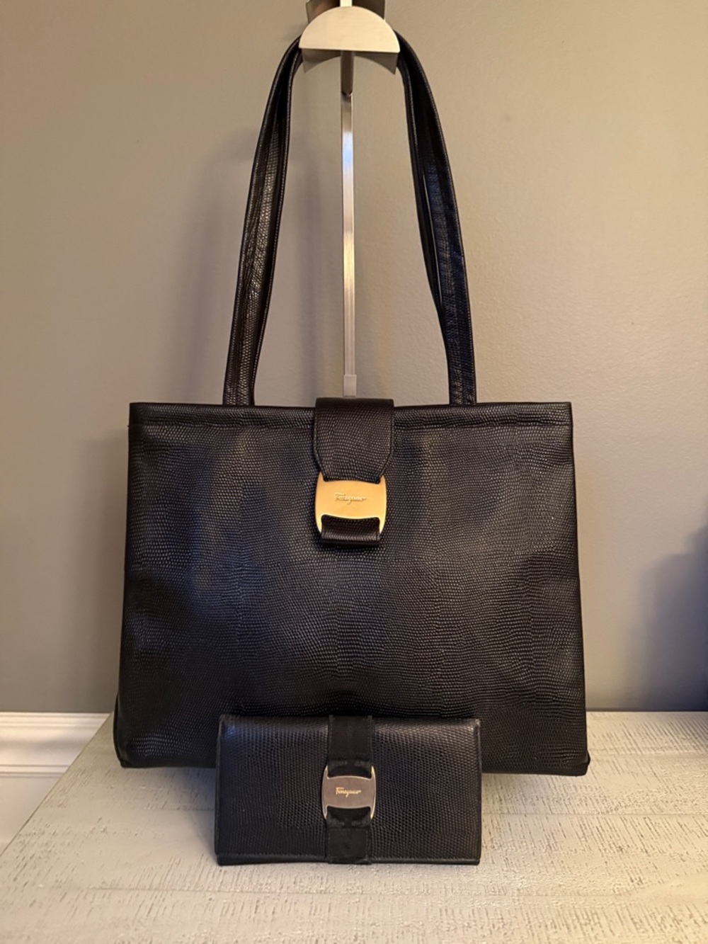 Salvatore Ferragamo Black Textured Leather Tote with Matching Wallet